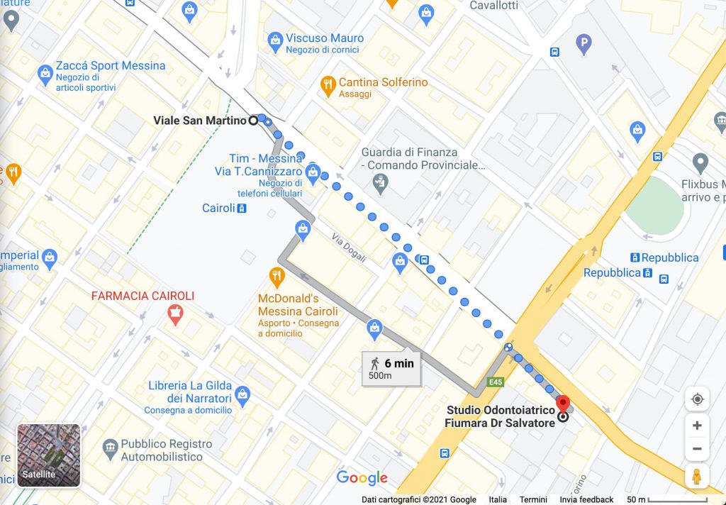 Mappa studio Fiumara da Piazza Cairoli mappa studio odontoiatrico fiumara messina